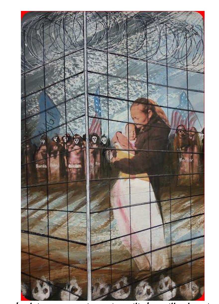 Caged — Ricardo Santos Hernández. A mixed media collage depicting a mother clutching her child inside a wire cage topped with razor wire, surrounded by skull-faced Border Patrol figures bearing American flags. The violence against migrants and family separation continues fiercely in the United States. Featured in the Voice of America article "Latino Uses Art to Speak Out on Immigration" by Kulsoom Khan — a publication since dismantled. by Ricardo Santos Hernández