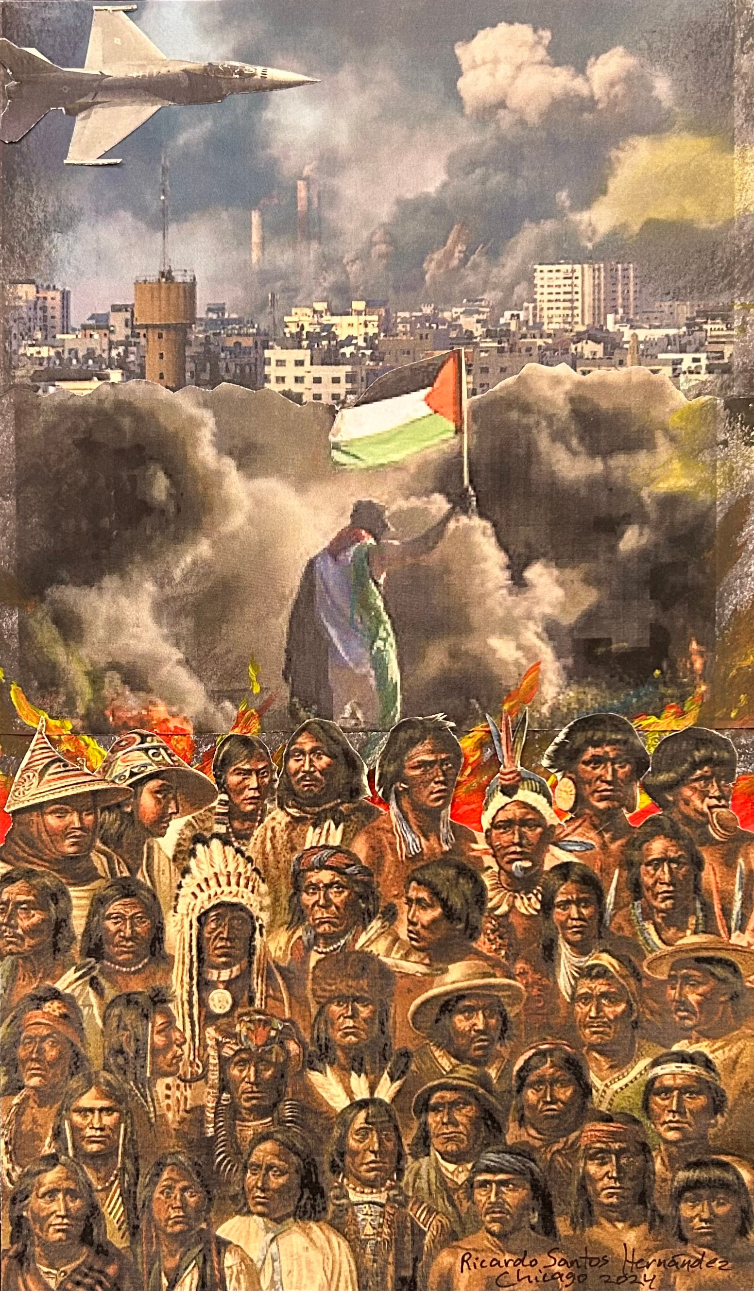 The People Know, the People See — Ricardo Santos Hernández, Chicago, 2024. A collage bearing witness to the genocide in Palestine through the eyes of the original peoples of the Americas. Beneath warplanes and billowing smoke, a lone figure raises the Palestinian flag amid the ruins of a burning city. Below, a multitude of Indigenous peoples from across the Americas — from the Arctic to Tierra del Fuego — stand together, their gaze steady and unflinching. The original people of the Americas know and see what is happening in Palestine. Indigenous solidarity across continents, across centuries of colonial violence. by Ricardo Santos Hernández