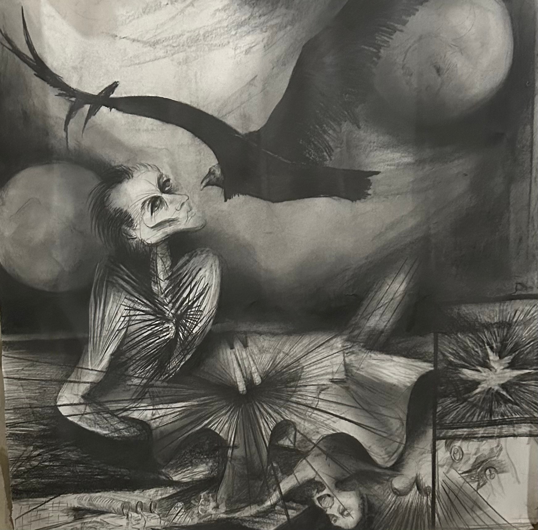 I Mirror His Image — Graphite powder on Arches paper, large-scale drawing. Ricardo Santos Hernández. The wirum in Yaqui — known as zopilote in Spanish and Nahuátl — is the bird who cleans the world. In my life, I find mirroring his purpose. by Ricardo Santos Hernández