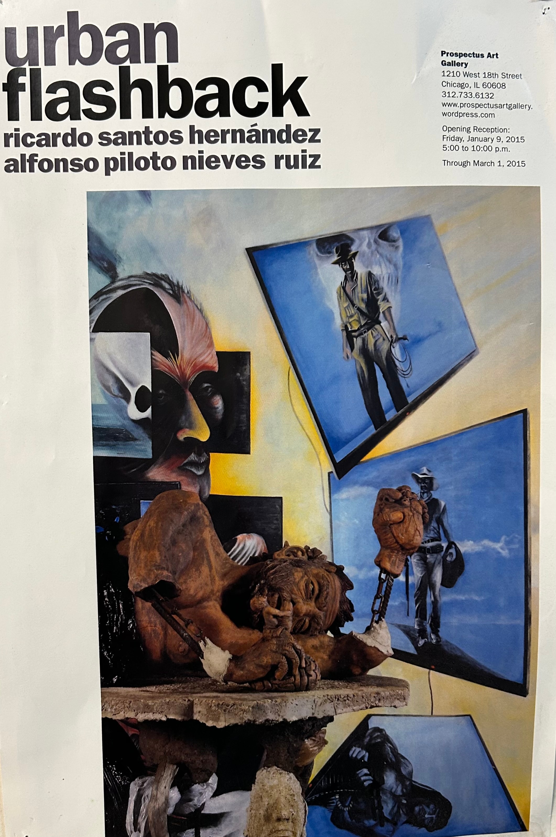 Urban Flashback — Ricardo Santos Hernández & Alfonso Piloto Nieves Ruiz. A two-man exhibition featuring the mixed media sculptures of Piloto Nieves and Ricardo Santos Hernández. Prospectus Art Gallery, 1210 West 18th Street, Pilsen, Chicago, IL. Opening Reception: Friday, January 9, 2015, 5:00–10:00 p.m. Through March 1, 2015. Photography by William Bangston. Design by Robert Feie. by Ricardo Santos Hernández
