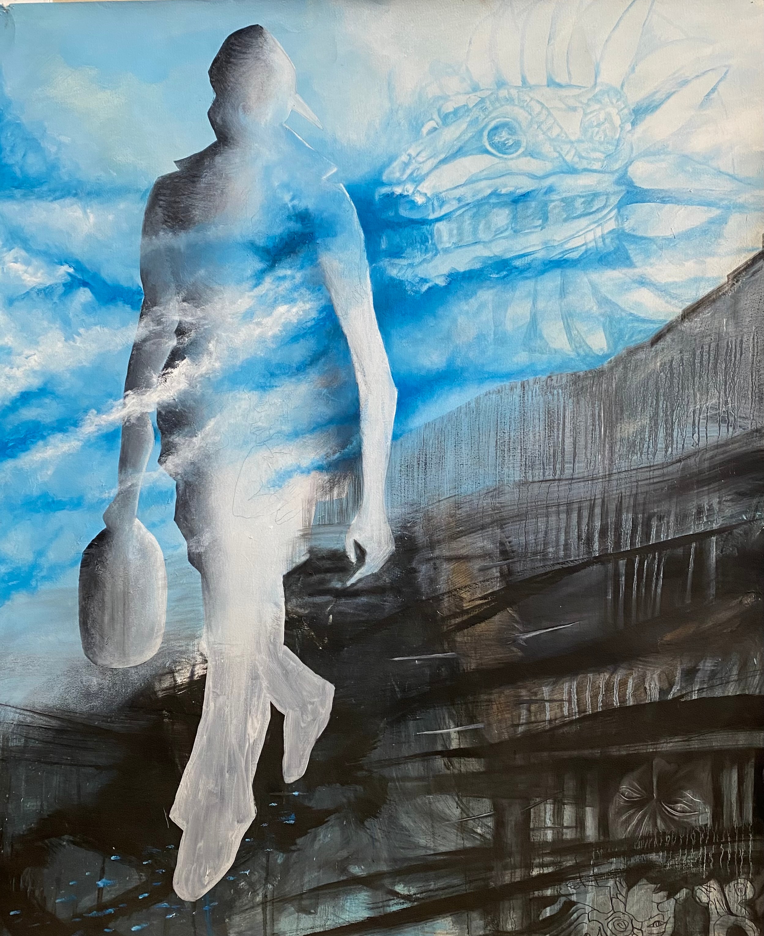 Hombre Cósmico: He Knows the Secret of the Trails — Ricardo Santos Hernández. Oil paint on multi-purpose paper. A translucent figure strides forward carrying the weight of the journey — his body made of sky and cloud, barely separate from the world around him. Above and behind him, Quetzalcóatl emerges from the blue: the feathered serpent, keeper of ancient knowledge, guardian of the path. Below, the earth is dark and layered — the ruins of what was crossed, the faces of those who watch. He knows the secret of the trails: not the roads drawn on maps, but the ones written in the body, passed down through generations of migration and return. by Ricardo Santos Hernández
