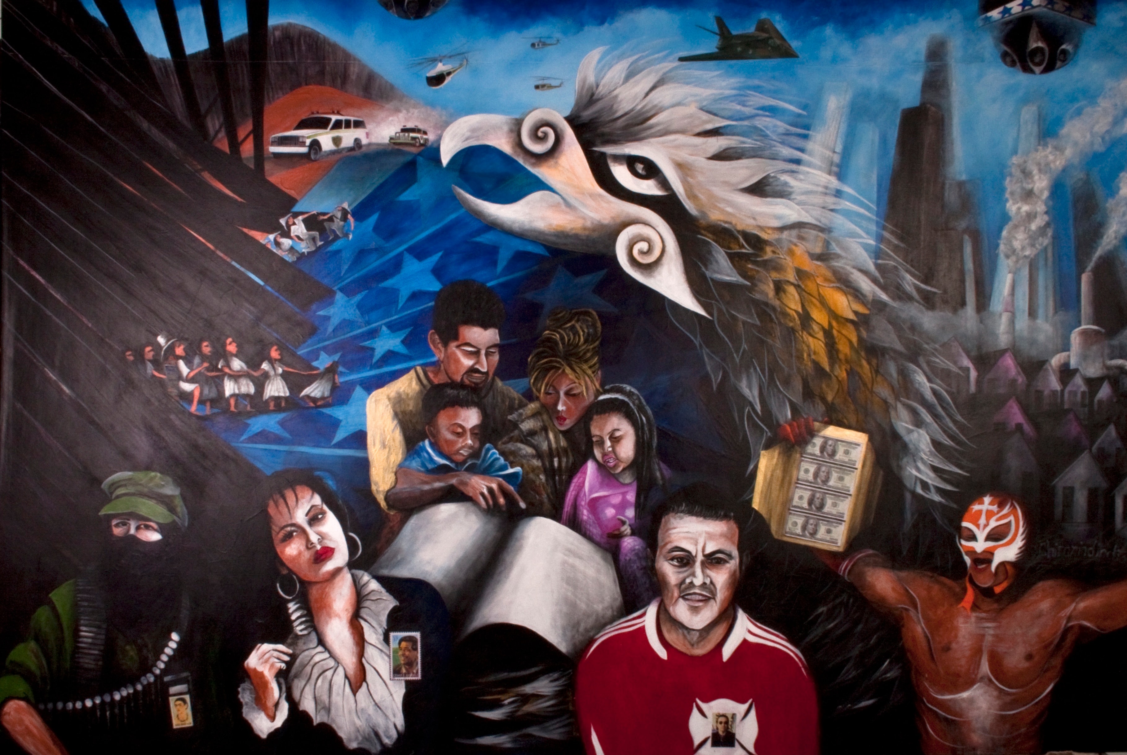 The Children of Quetzacoátl #1 — Ricardo Santos Hernández with assistant Alejandro Medina (portraits). Multi-Purpose Hall, Hedges Fine and Performing Arts Middle School, Back of the Yards, Chicago. This mural was a subject of study in Arthur Polendo's doctoral dissertation at Texas Tech University, examining working-class Chicano identities in San Antonio and Chicago as portrayed in The Banner Project by Juan Miguel Ramos, Davis Botello's Arte por Vida / Art for Life, and The Children of Quetzacoátl by Ricardo Santos Hernández. by Ricardo Santos Hernández