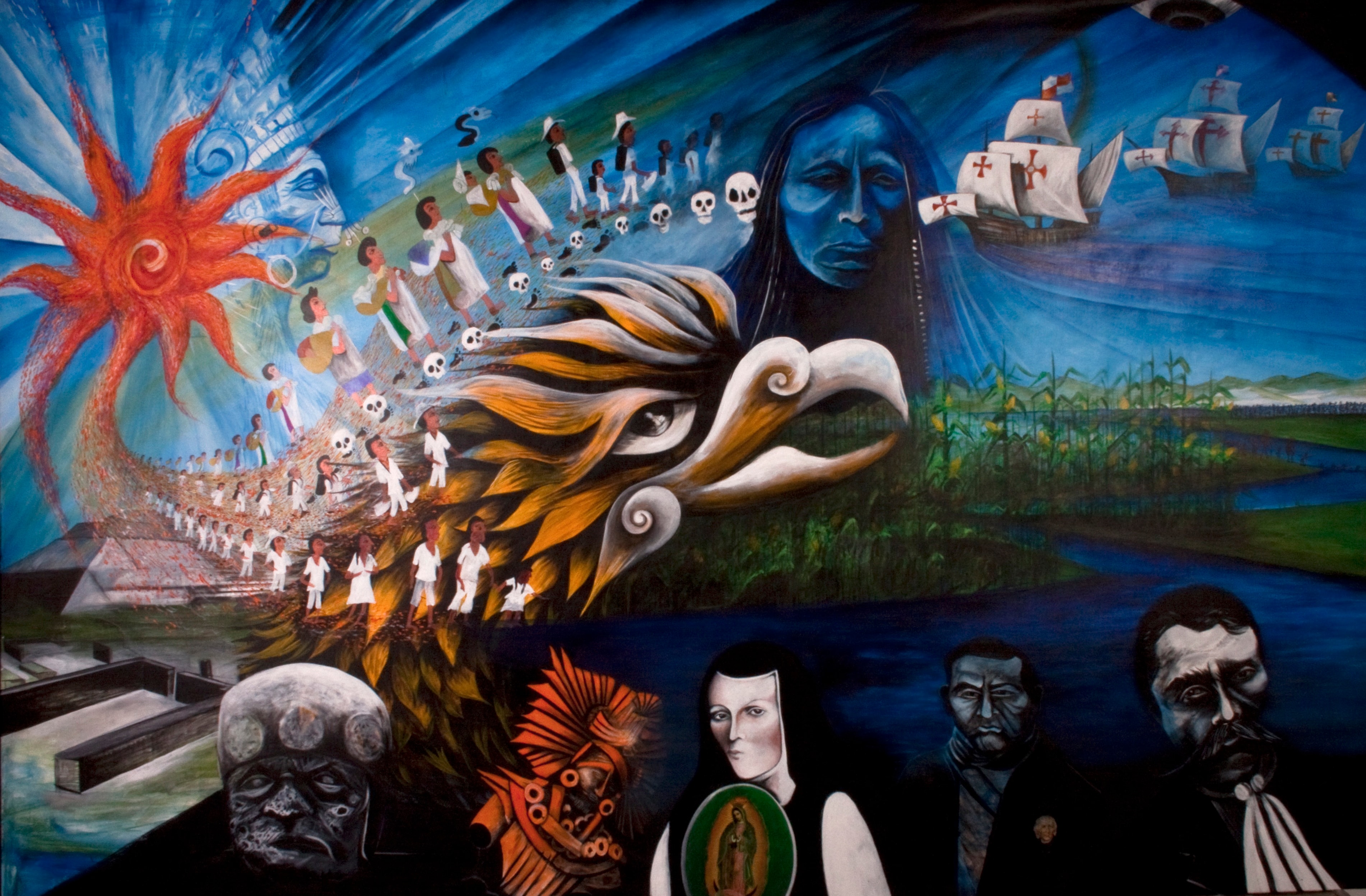 The Children of Quetzacoátl #2 — Ricardo Santos Hernández with assistant Alejandro Medina (portraits). Multi-Purpose Hall, Hedges Fine and Performing Arts Middle School, Back of the Yards, Chicago. by Ricardo Santos Hernández