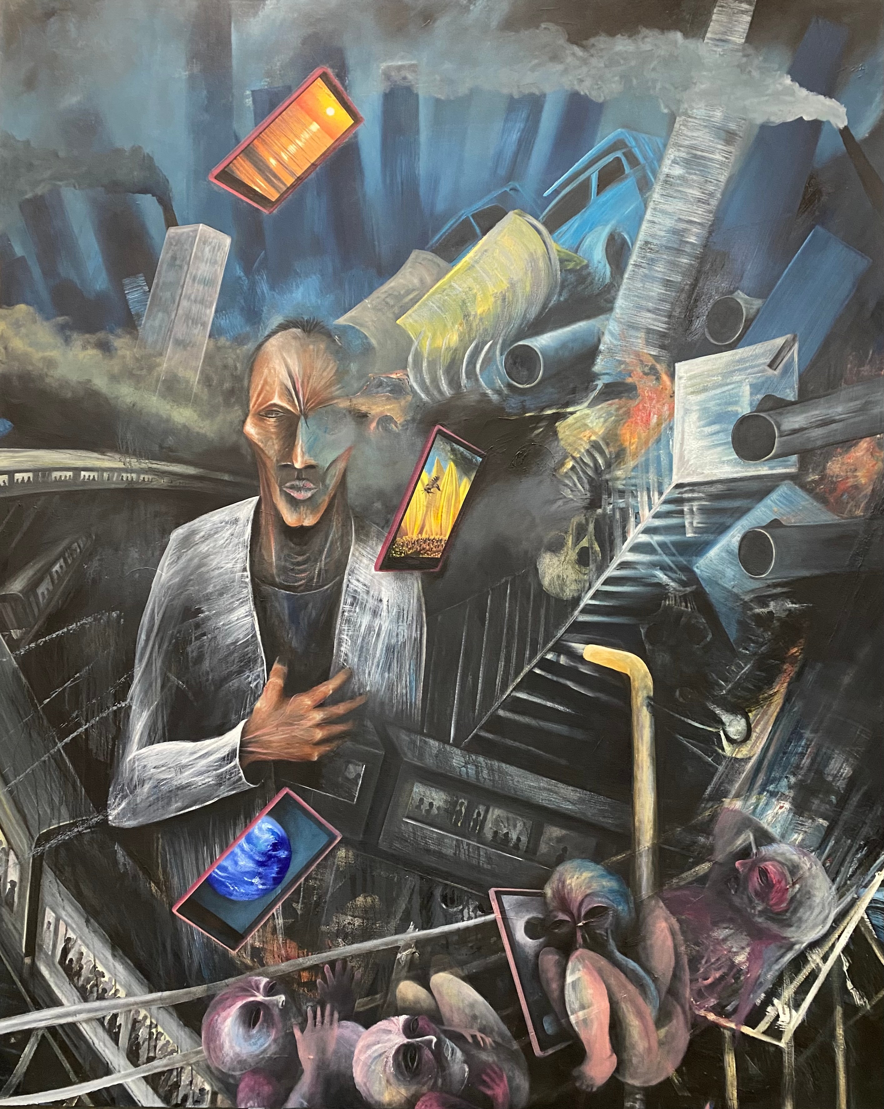 Sueño Urbano — Ricardo Santos Hernández. Oil on canvas. A surrealist painting born from the weight of Chicago's urban intensity. A solitary figure stands at the center of a churning industrial dreamscape — smokestacks, collapsing steel, and floating screens pressing in from every direction, each screen a fractured window onto another world. Chicago is a great and dynamic city. Sometimes the urban setting is too much and disruptive, especially in the height of winter. Sueño Urbano is that feeling made visible: the city as dream, as burden, as beauty, as overwhelm. by Ricardo Santos Hernández