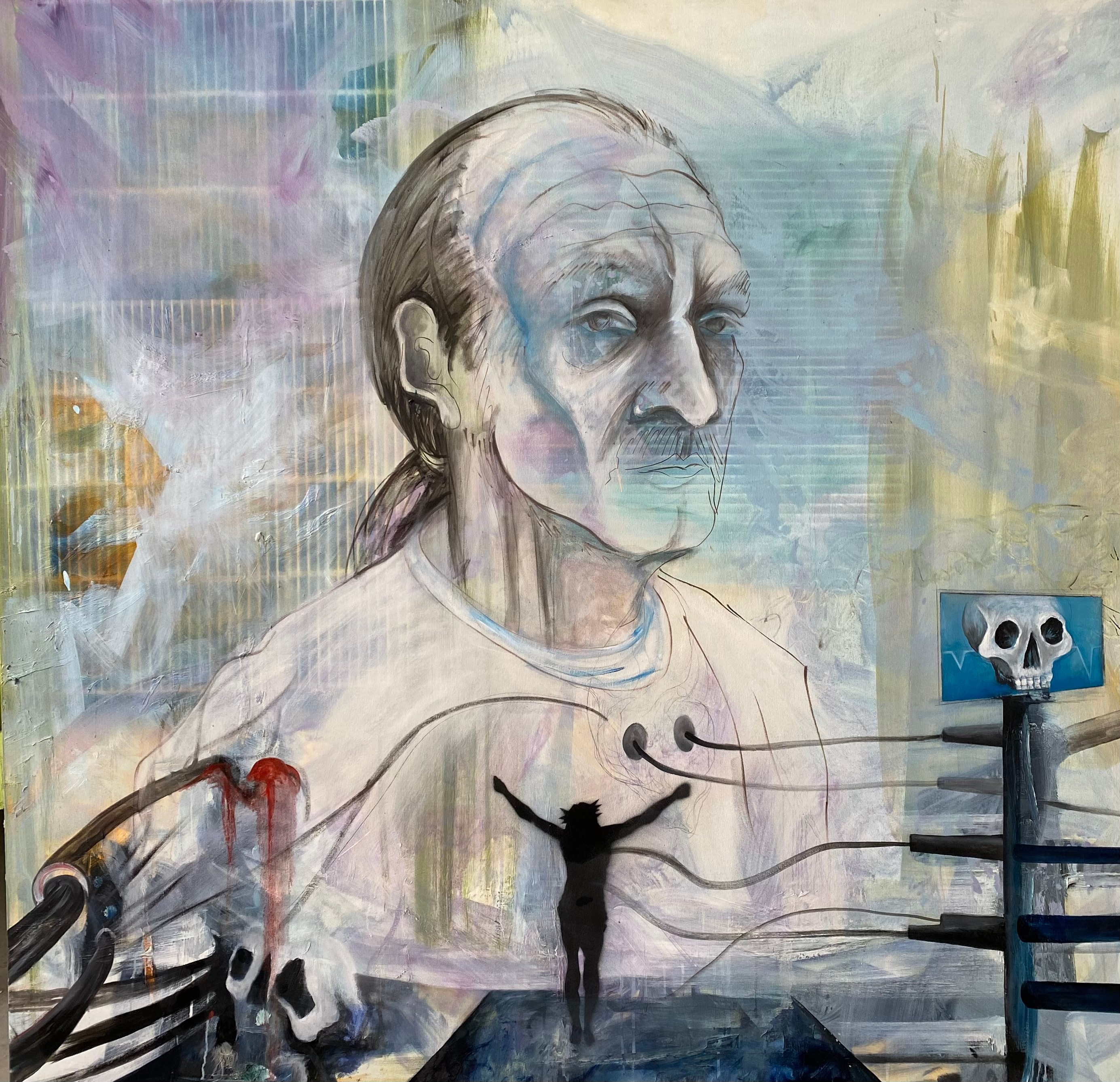 La Libré, Sickness and Reflection — "La Libré: I survived." A deeply personal self-portrait painting by Ricardo Santos Hernández. A raw and unflinching journey through cancer, surgery, and the long road of recovery. The figure — connected to medical wires, surrounded by skulls and a silhouetted self rising from within — embodies the inner instinct of survival that pulled the artist back into the cycle of life and healing. by Ricardo Santos Hernández