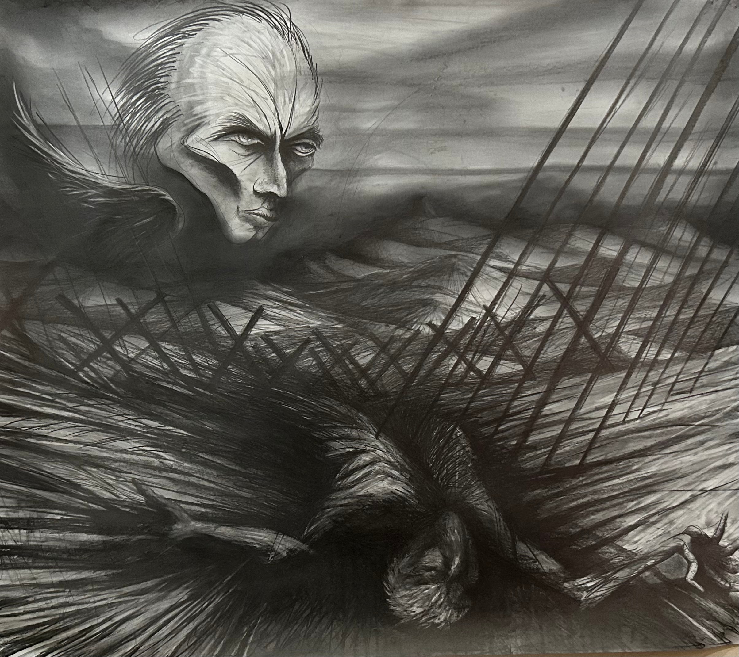 The Santa Cruz River has a soul — Large charcoal drawing. This work takes place at Mascareñas, the point where the Santa Cruz River reenters Arizona after meandering through Sonora, Mexico for two miles. Once an oasis where the river flowed freely — home to a diversity of birds, insects, and four-legged animals, a resting place for migratory species — this sacred ground is now occupied by vigilante groups, Border Patrol, and construction crews building the new border wall. It is the same location where Raechel Running and Ricardo are photographed protesting with the Mexico and United States flags. by Ricardo Santos Hernández