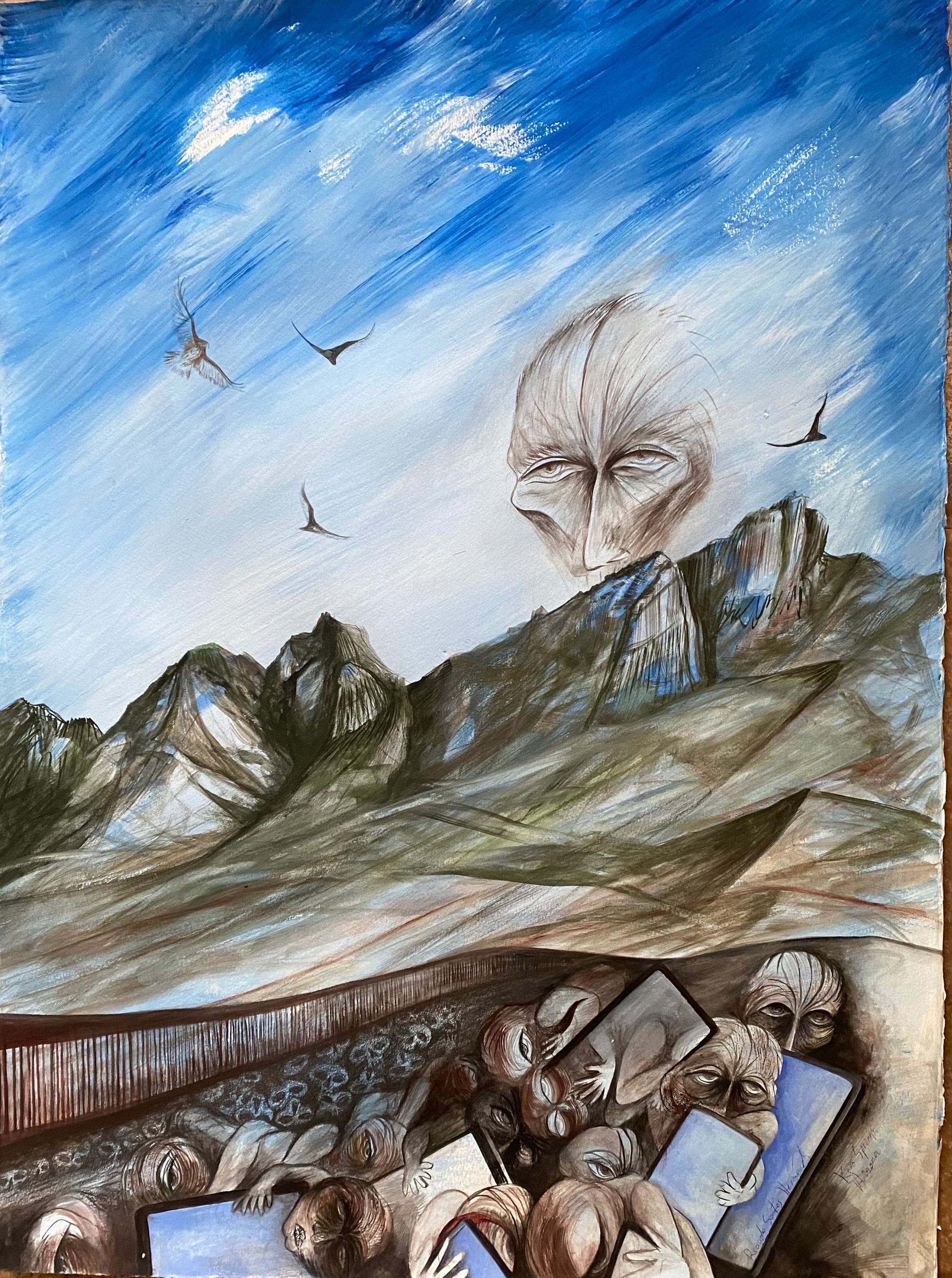 Picachos de Mascareñas (The Mascareña Peaks) — Ricardo Santos Hernández. Mixed media on gessoed Arches paper: gouache, tempera paints, and graphite. The Picachos de Mascareñas rise majestically over the southern wall that separates the United States from México — ancient volcanic peaks that have watched over this land for millennia, long before any border was drawn across it. For the Hohokam and their descendants who lived along the Santa Cruz River, these peaks held deep spiritual and cultural significance, landmarks of identity and belonging in a landscape that was theirs. Ricardo's portrait emerges from the Picachos themselves — his face becoming the mountain, the guardian of this ancient domain. His home in Kino Springs, Arizona sits above a ridge of this beautiful land, and his eyes in this painting are the eyes of the peaks: watchful, enduring, sovereign. Below, along the base of the wall, huddled figures clutch glowing screens — the distracted, the displaced, the documented — while birds soar freely overhead, crossing the border the way the land always intended: without permission, without papers, without fear. Gouache and tempera give the sky its luminous blue sweep; graphite traces the peaks and the portrait with the weight of stone and memory. by Ricardo Santos Hernández