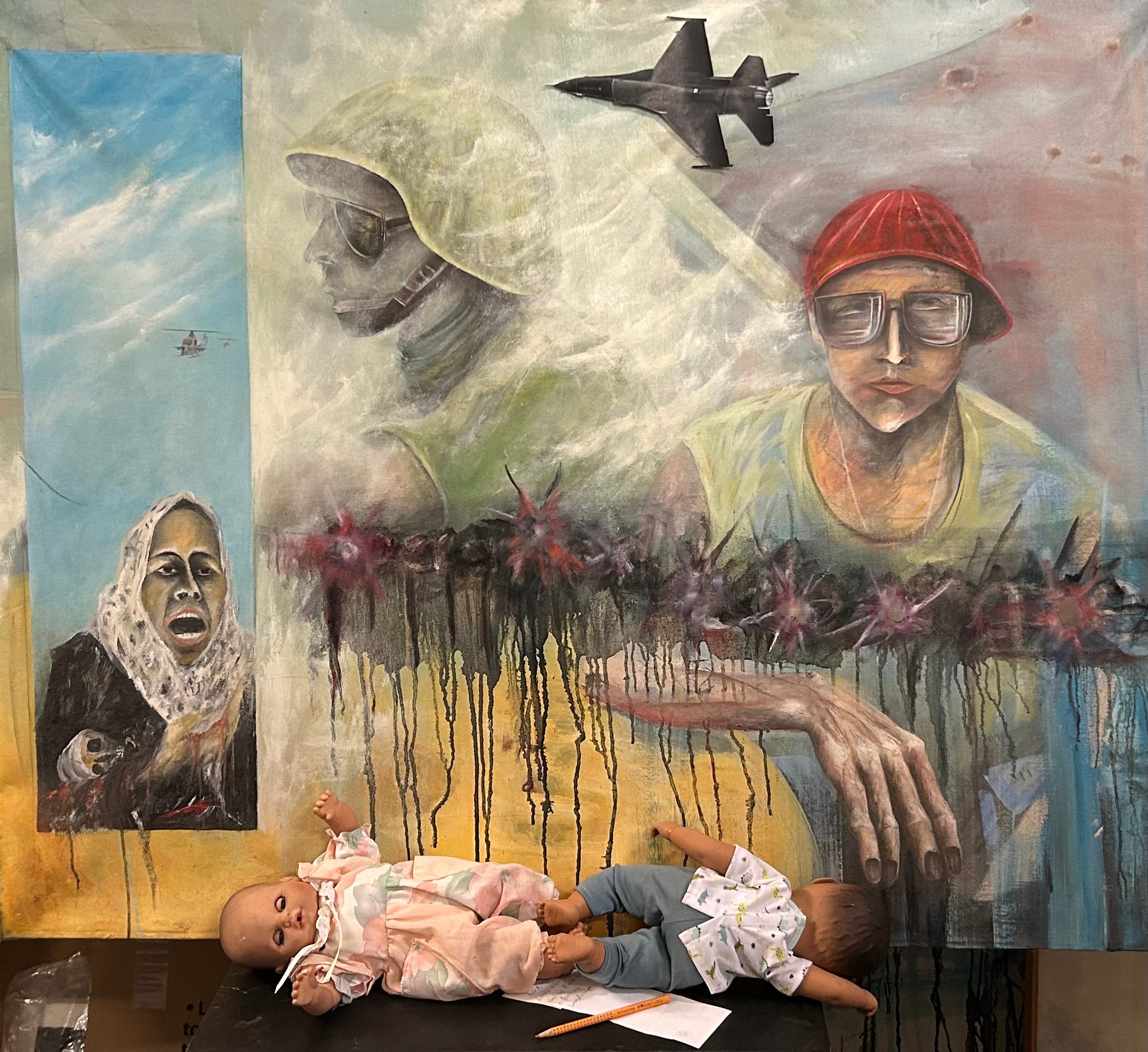 Target: Women and Children — Mixed media painting installation. The genocide in Gaza targets women and children with the purpose of total erasure of the people in Palestine. by Ricardo Santos Hernández
