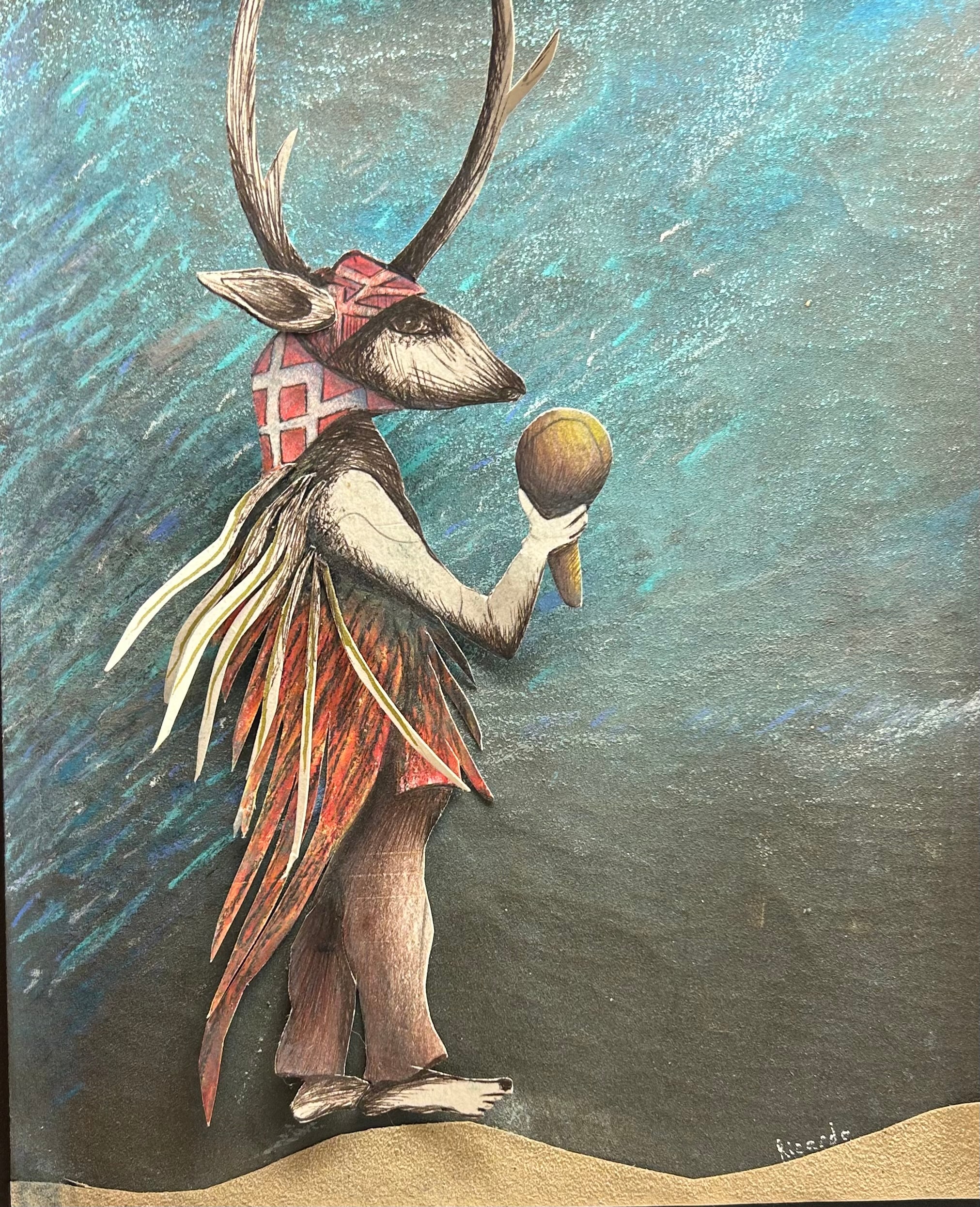 Deer Dancer — Ricardo Santos Hernández. Mixed media works on paper. A lone Yaqui deer dancer stands on a dune of desert earth against a deep turquoise sky — antlers rising, ceremonial regalia of red and ochre flowing, a sacred gourd rattle cradled in an outstretched hand. Drawn and painted on dark paper with pastel, ink, and collage, the figure carries the quiet power of the Maso: the sacred deer who dances between the human and the divine, between the Sonora desert and the spirit world. Signed Ricardo. by Ricardo Santos Hernández